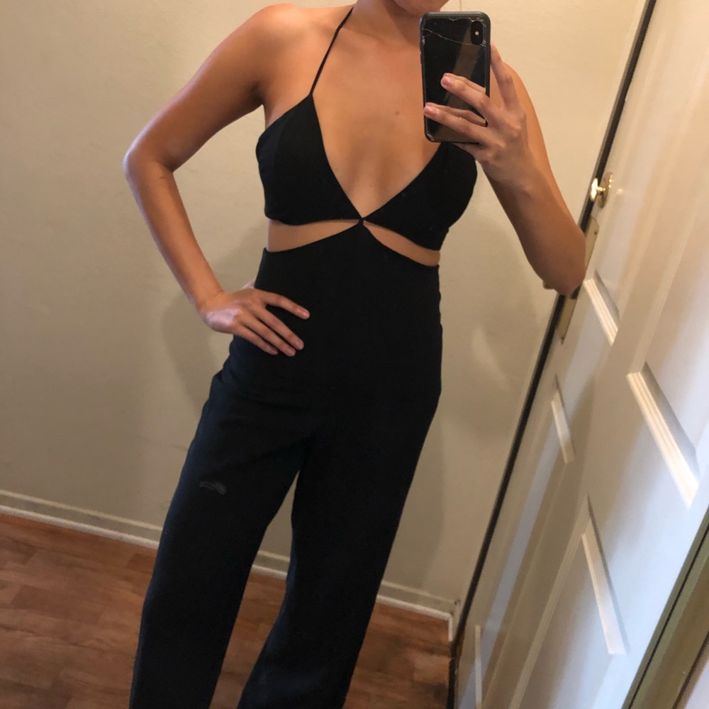 Black jumpsuit halter two piece deep v